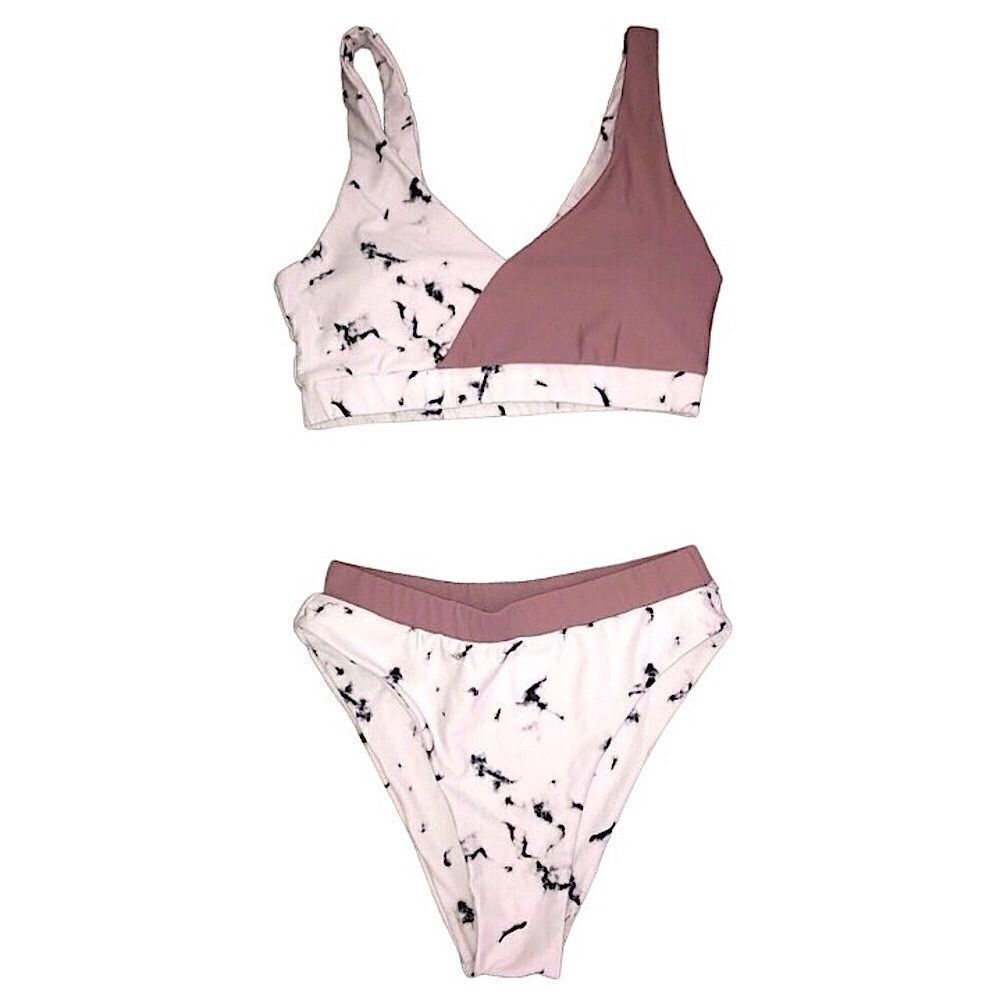 SOLD‼️ 💕5️⃣ Romwe white marble and pink-ish mauve high waisted bikini